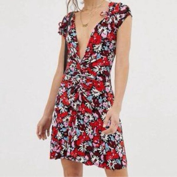 NWT: Free People Key To Your Heart Boho Red Floral Ribbed Knit Mini Dress•XS - Picture 1 of 10